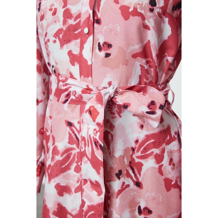 Fashion Style Regular Shirt Collar Maxi Length Hijab Belted Floral Woven Dress