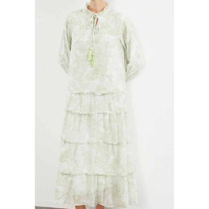 Fashion Style Regular Judge Collar Maxi Length Hijab Woven Chiffon Floral Patterned Dress