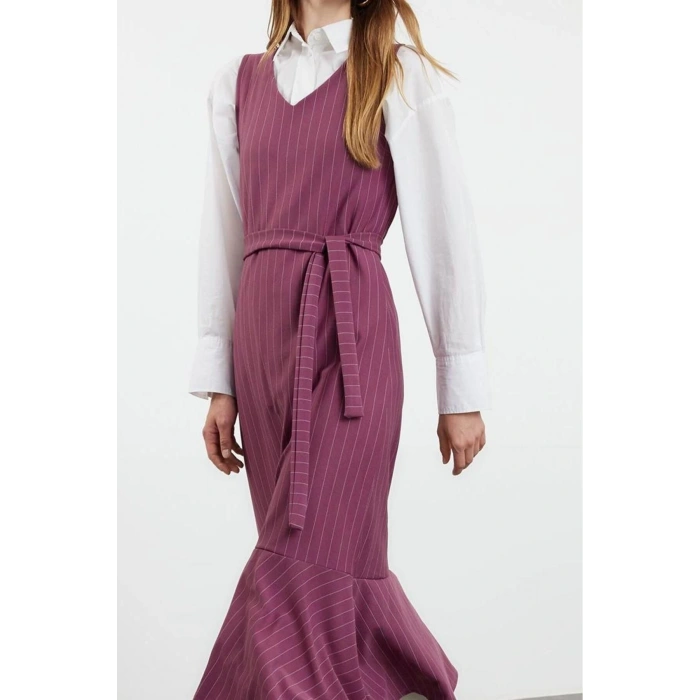 Fashion Style Relaxed V Neck Long Hijab Striped Woven Vest Dress