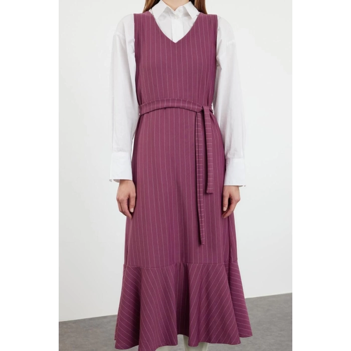Fashion Style Relaxed V Neck Long Hijab Striped Woven Vest Dress