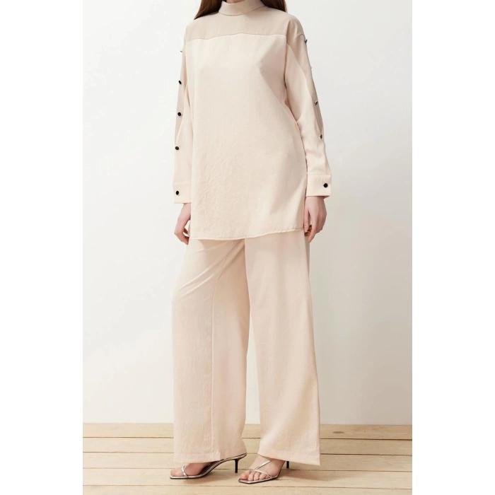 Style Womens Normal Waist Wide Leg Shirt Collar Button Detailed Color Block Woven Aerobin Bottom Top Set