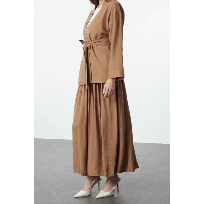 Style Women Modern Fashion Normal Waist Straight Leg V Neck Belted Kimono-Pleated Skirt Woven Bottom-Top Set