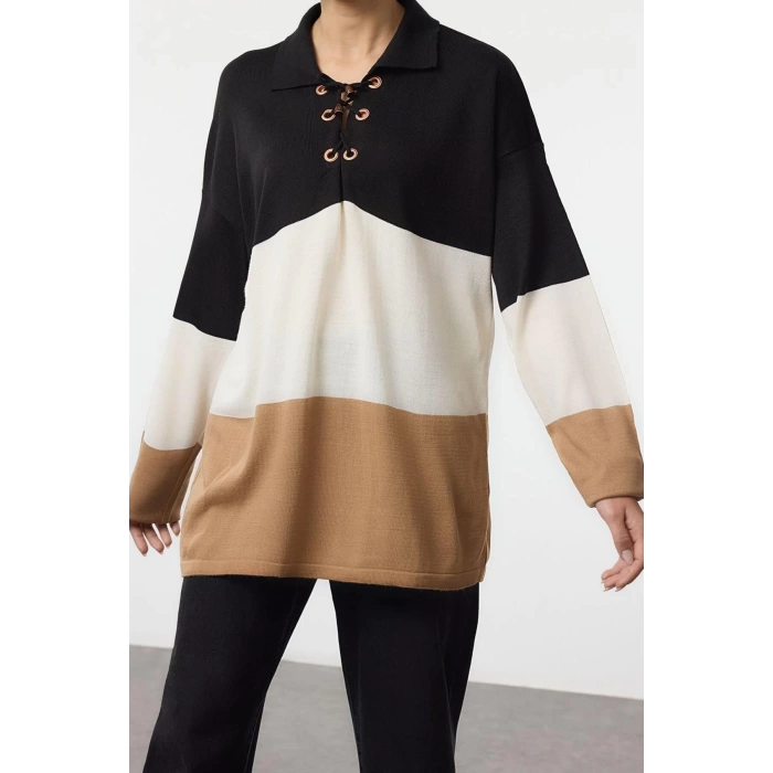 Style Modern Womens Low Sleeve V Neck Hijab Eyelet Detail Color Block Striped Knitwear Sweater