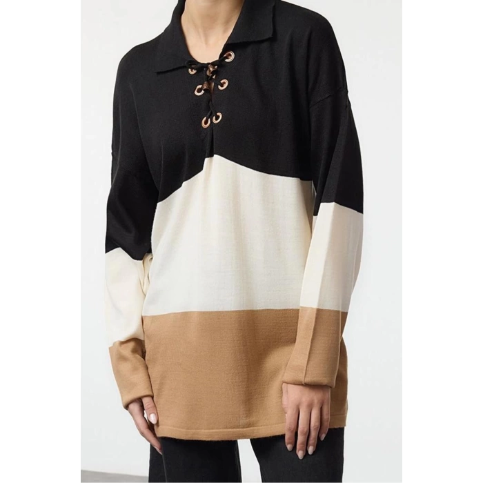 Style Modern Womens Low Sleeve V Neck Hijab Eyelet Detail Color Block Striped Knitwear Sweater