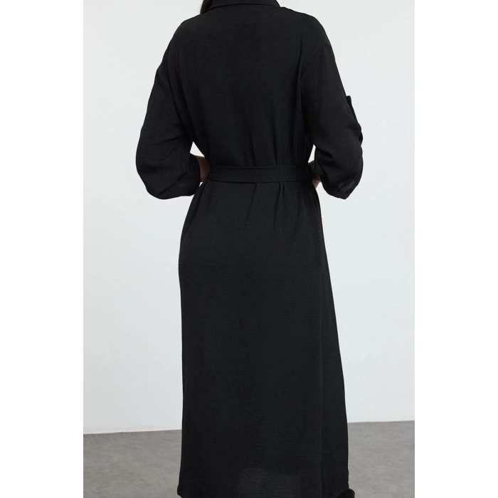 Fashion Style Relaxed Shirt Collar Midi Length Belted Woven Shirt Dress