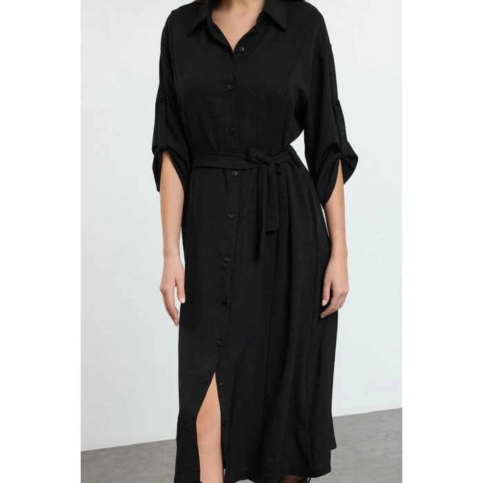Fashion Style Relaxed Shirt Collar Midi Length Belted Woven Shirt Dress