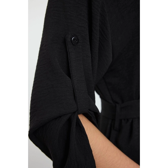 Fashion Style Relaxed Shirt Collar Midi Length Belted Woven Shirt Dress