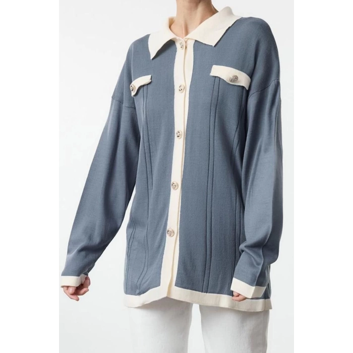 Style Modern Women Regular Standard Sleeve Polo Collar Hijab Color Block Knitwear Cardigan