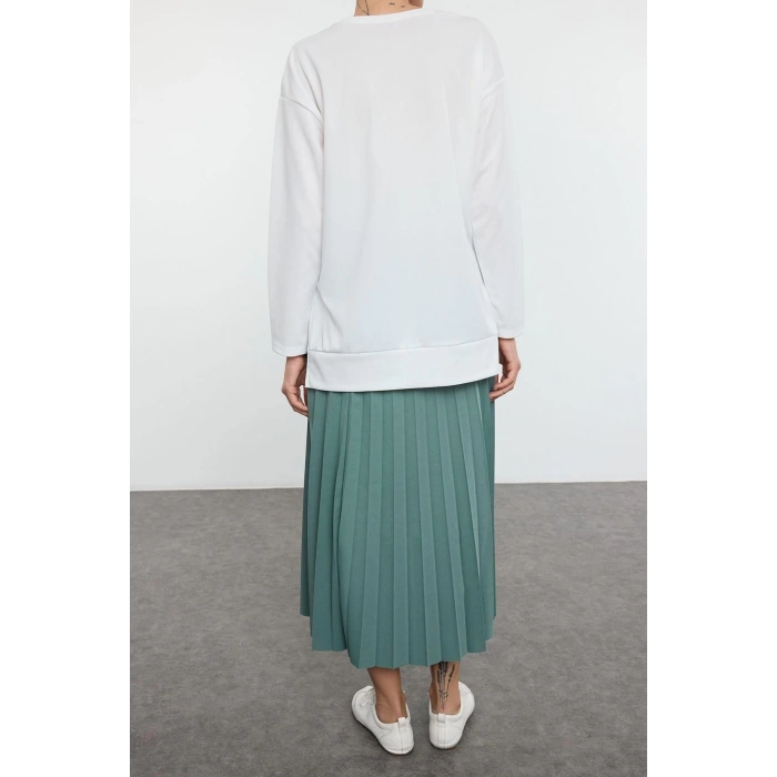 Style Women Modern Fashion Normal Waist Straight Leg Crew Neck Blouse Skirt Pleated Knitted Bottom Top Set