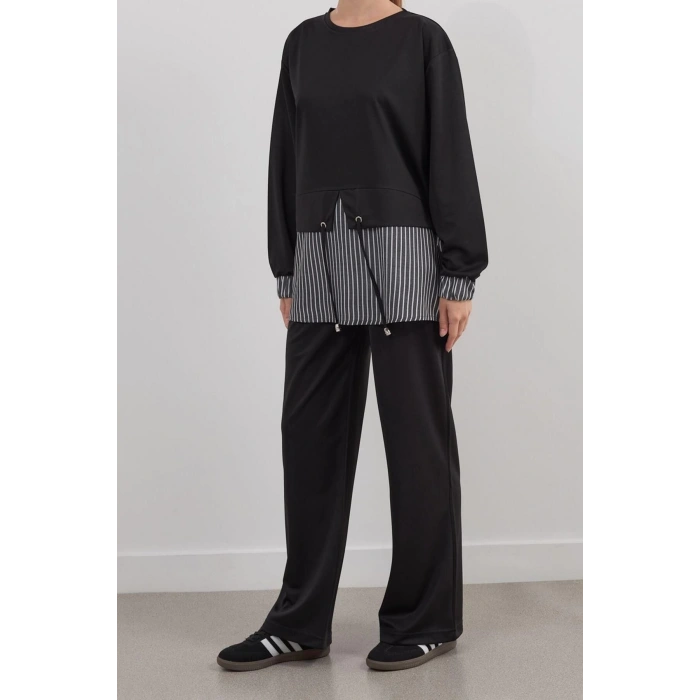 Style Women Modern Fashion Regular Waist Straight Leg Crew Neck Striped Color Block Knitted Bottom Top Set