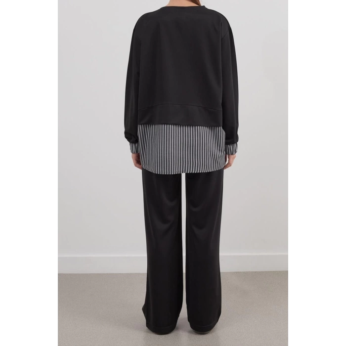 Style Women Modern Fashion Regular Waist Straight Leg Crew Neck Striped Color Block Knitted Bottom Top Set
