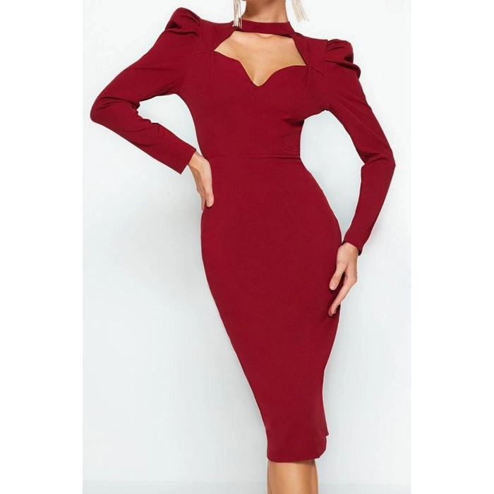 Moda Stil Fitted Dik Yaka Midi Boy Vücuda Oturan Dokuma Şık Abiye Elbise