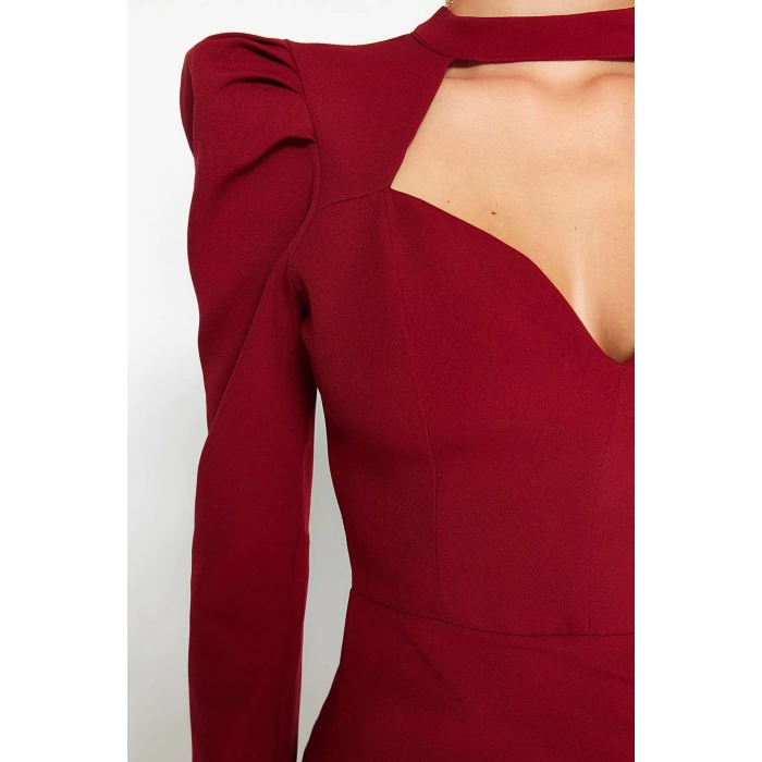Moda Stil Fitted Dik Yaka Midi Boy Vücuda Oturan Dokuma Şık Abiye Elbise