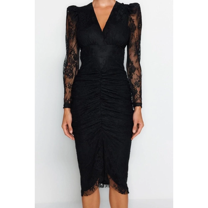Moda Stil Fitted V Yaka Midi Boy Vücuda Oturan Astarlı Drapeli Dantel Şık Abiye Elbise