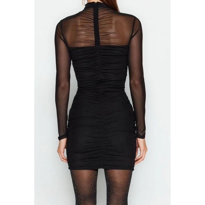 Moda Stil Fitted Dik Yaka Mini Boy Vücuda Oturan Astarlı Örme Tül Kısa Şık Abiye Elbise