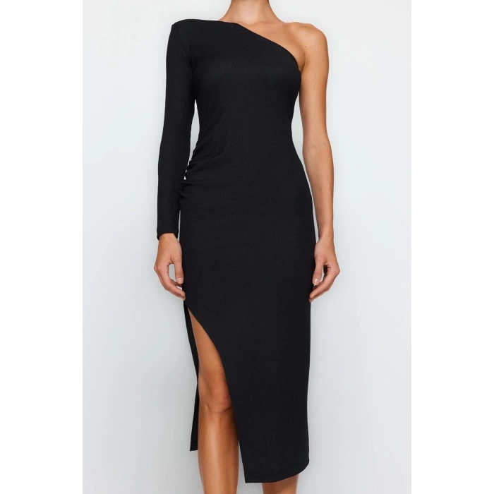 Moda Stil Fitted Asimetrik Yaka Midi Boy Vücuda Oturan Örme Şık Abiye Elbise