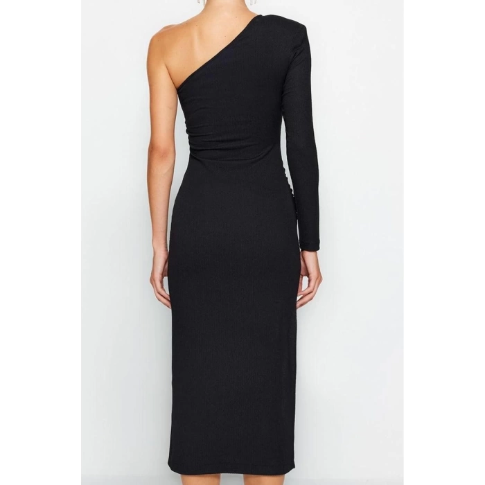 Moda Stil Fitted Asimetrik Yaka Midi Boy Vücuda Oturan Örme Şık Abiye Elbise