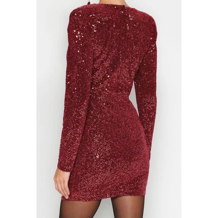 Fashion Style Fitted V Neck Mini Length Bodycon Glittery Knitted Sequined Short Chic Evening Dress