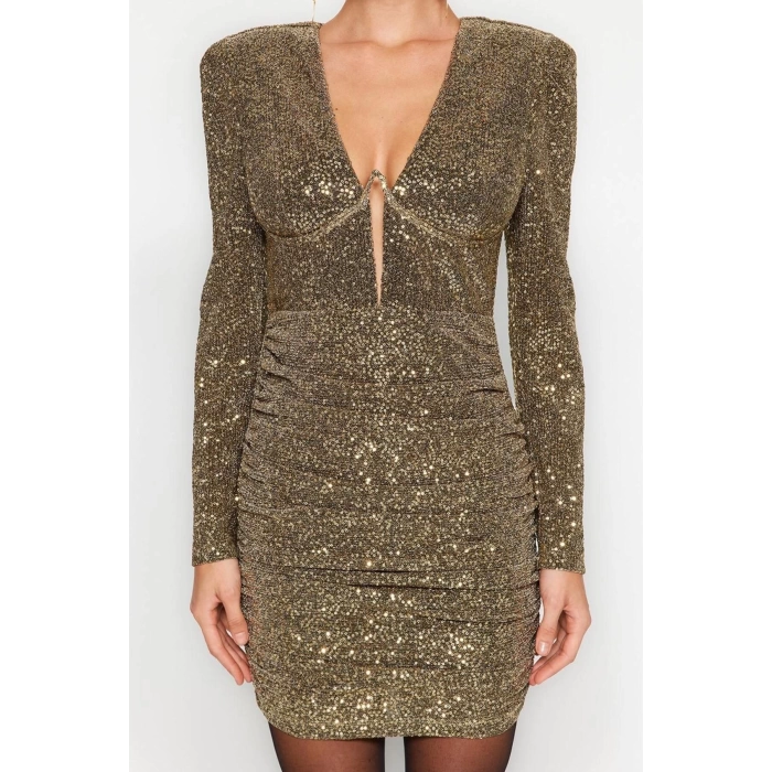 Fashion Style Fitted V Neck Mini Length Bodycon Glittery Knitted Sequined Short Chic Evening Dress