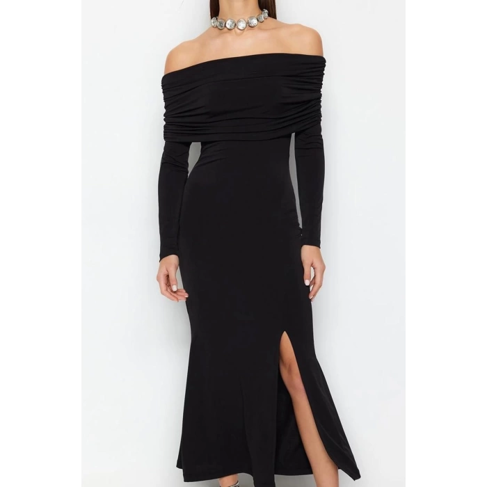 Fashion Style Fitted Carmen Collar Midi Length Stylish Evening Dress