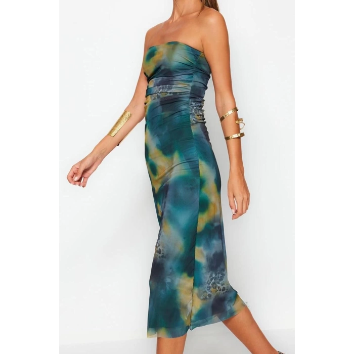 Moda Stil Slim Straplez Midi Boy Vücuda Oturan Örme Tül Şık Abiye Elbise