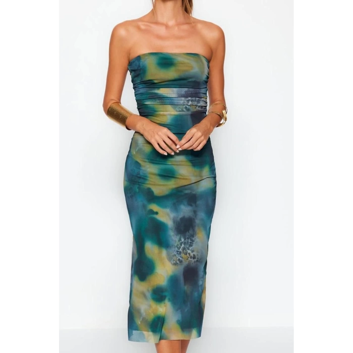 Moda Stil Slim Straplez Midi Boy Vücuda Oturan Örme Tül Şık Abiye Elbise