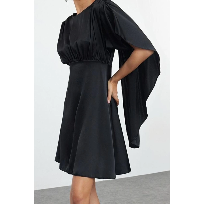 Fashion Style Fitted Boat Neck Mini Length Cape Detailed Woven Satin Short Dress