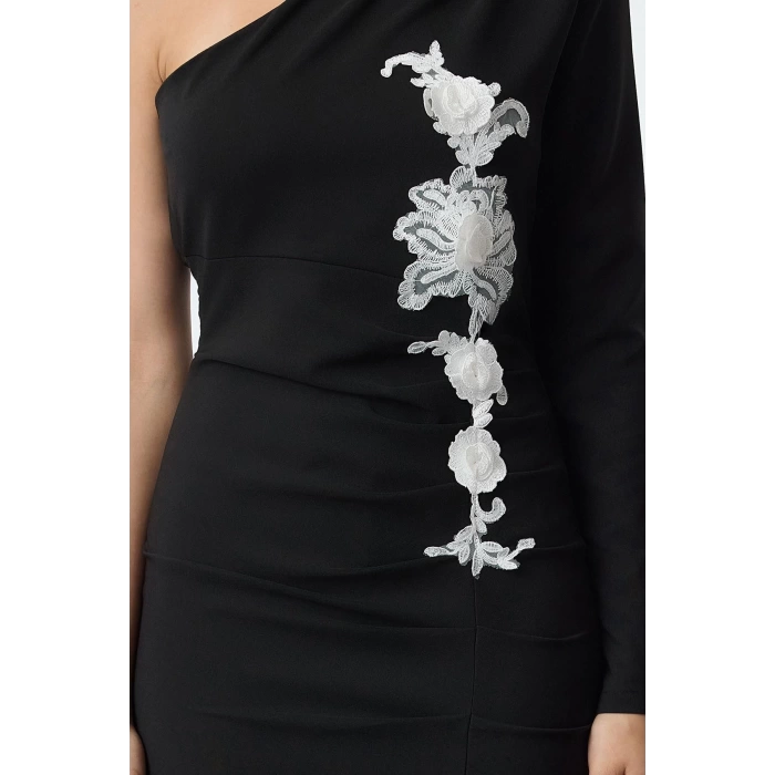 Fashion Style Fitted Asymmetrical Collar Midi Length Ecru Embroidery Detailed Single Sleeve Woven Stylish Evening Dress