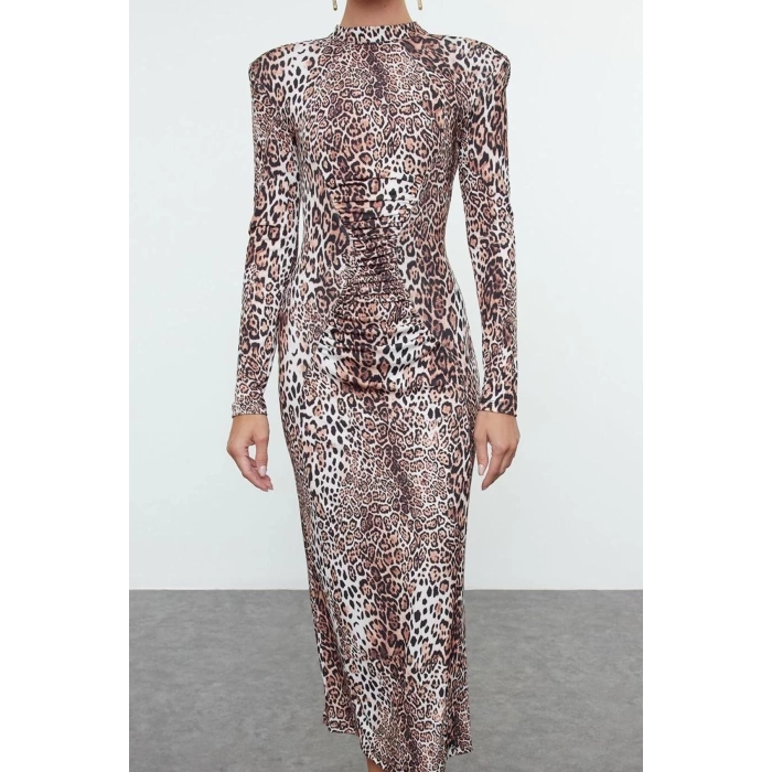 Fashion Style Fitted Stand Collar Midi Length Limited Edition Leopard Patterned Chic Evening Dress