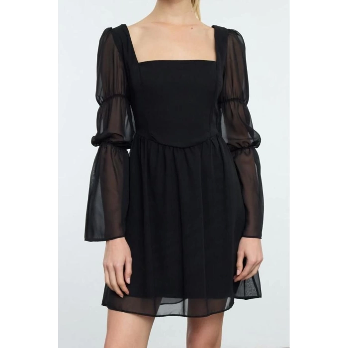 Fashion Style Fitted Square Neck Mini Length A-Line Woven Chiffon Woven Short Elegant Evening Dress