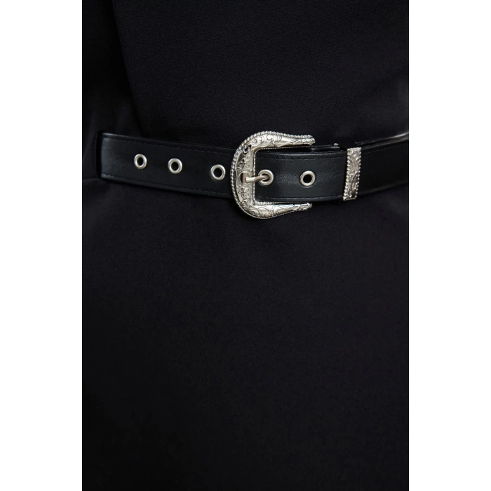 Fashion Style Fitted Asymmetrical Collar Mini Length Single Sleeve Belt Accessory Detailed Woven Short Elegant Evening Dress