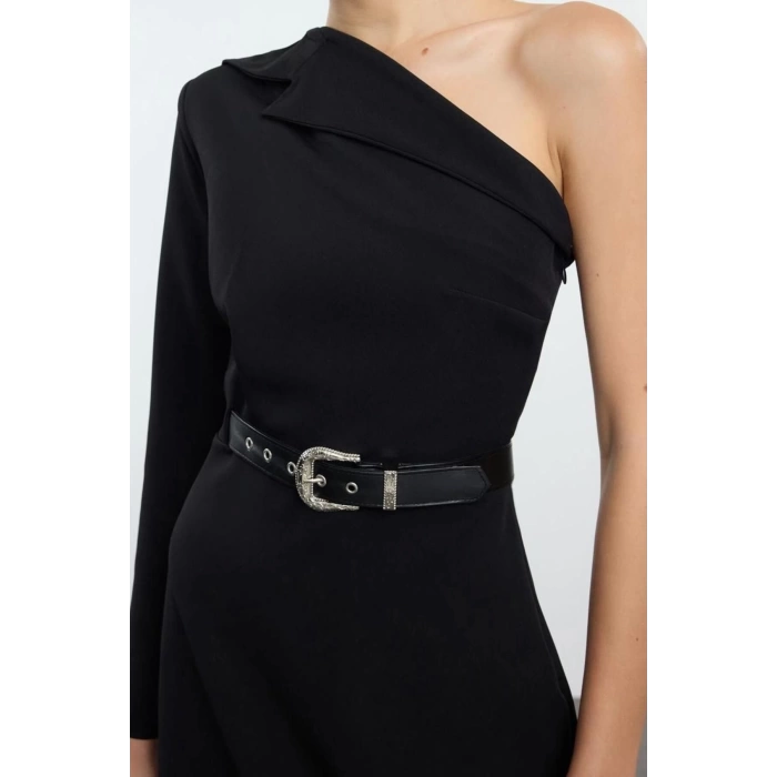Fashion Style Fitted Asymmetrical Collar Mini Length Single Sleeve Belt Accessory Detailed Woven Short Elegant Evening Dress
