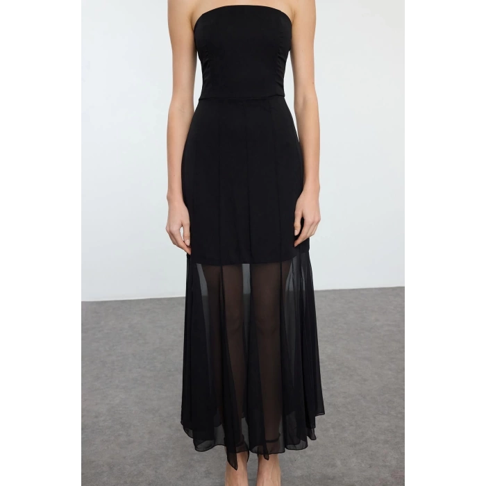 Fashion Style Fitted Strapless Maxi Length Chiffon Woven Elegant Evening Dress