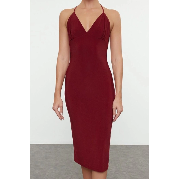 Moda Stil Fitted V Yaka Midi Boy Vücuda Oturan Örme Şık Abiye Elbise