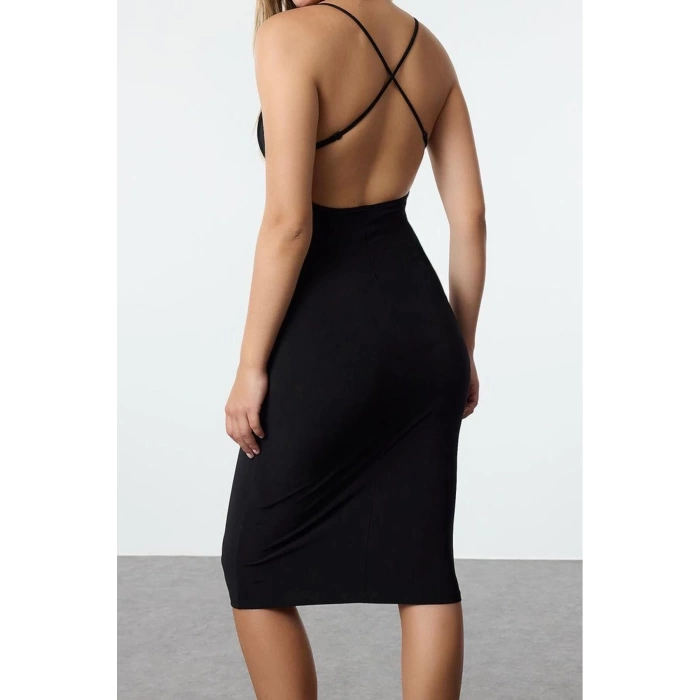 Moda Stil Fitted V Yaka Midi Boy Vücuda Oturan Örme Şık Abiye Elbise