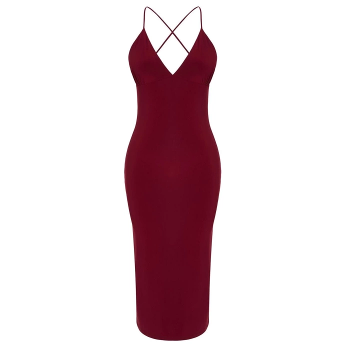 Moda Stil Fitted V Yaka Midi Boy Vücuda Oturan Örme Şık Abiye Elbise