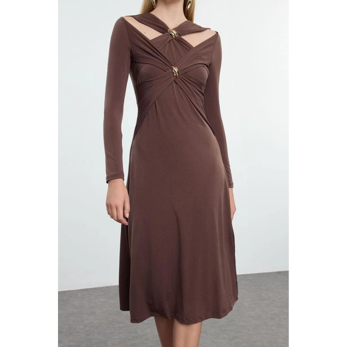 Fashion Style Fitted Asymmetrical Collar Midi Length Accessory Detailed Knitted Stylish Evening Dress