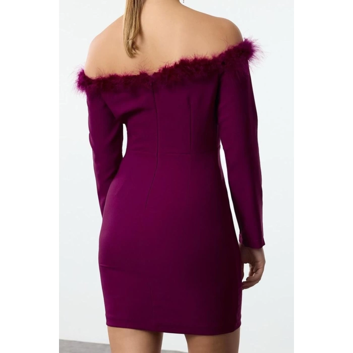 Fashion Style Fitted Carmen Collar Mini Length Body-Sit A-Line Detailed Woven Short Elegant Evening Dress