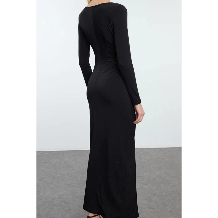Fashion Style Fitted Crew Neck Midi Length Window Cut Out Detailed Woven Long Elegant Evening Dress