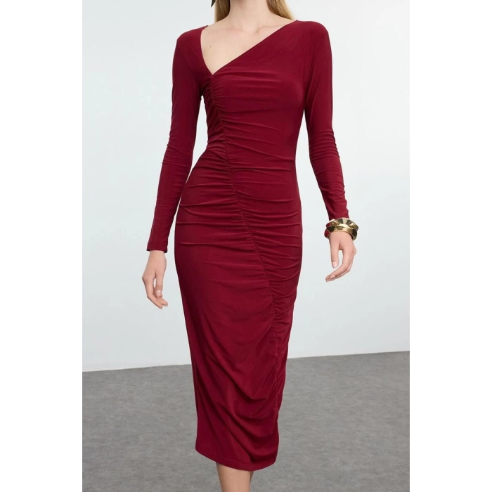 Fashion Style Fitted Asymmetrical Collar Midi Length Draped Woven Dress with Body-hugging Neck Detail