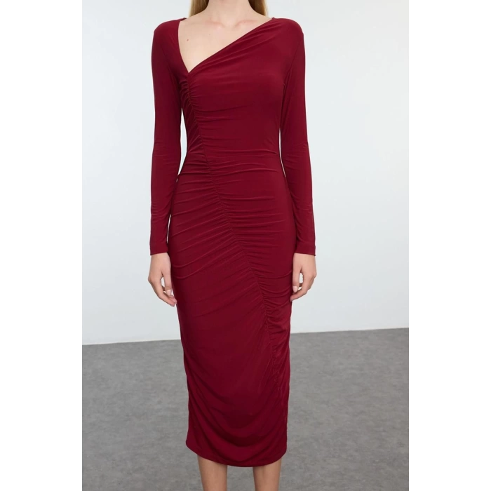 Fashion Style Fitted Asymmetrical Collar Midi Length Draped Woven Dress with Body-hugging Neck Detail