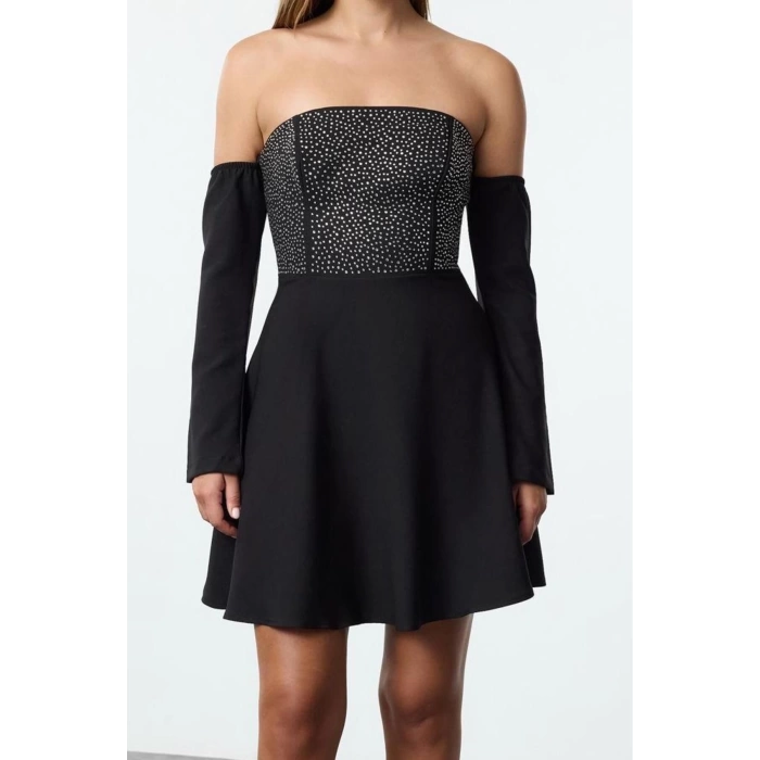 Fashion Style Fitted Carmen Collar Mini Length A-Line Stone Print Woven Short Dress