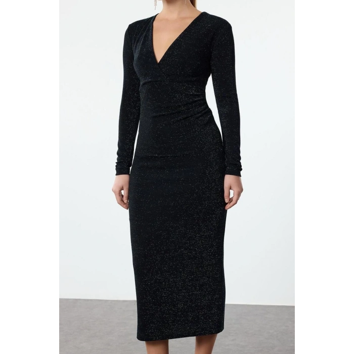 Fashion Style Fitted Double Breasted Midi Length Body-Fitting V Neck Glitter Knitted Dress