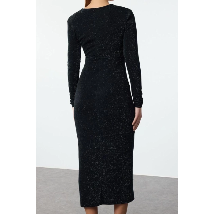 Fashion Style Fitted Double Breasted Midi Length Body-Fitting V Neck Glitter Knitted Dress