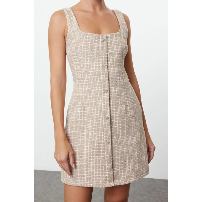 Fashion Style Fitted Square Collar Mini Length Stone Accessory Glittery Tweed Woven Short Dress