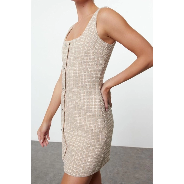 Fashion Style Fitted Square Collar Mini Length Stone Accessory Glittery Tweed Woven Short Dress