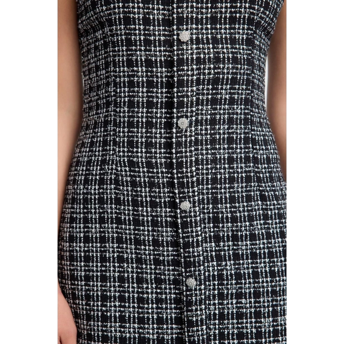 Fashion Style Fitted Square Collar Mini Length Stone Accessory Glittery Tweed Woven Short Dress