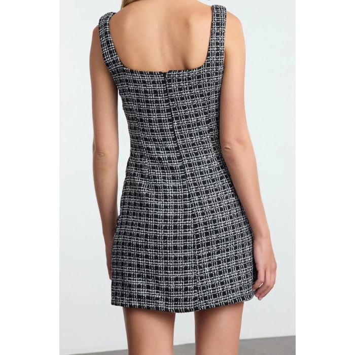 Fashion Style Fitted Square Collar Mini Length Stone Accessory Glittery Tweed Woven Short Dress
