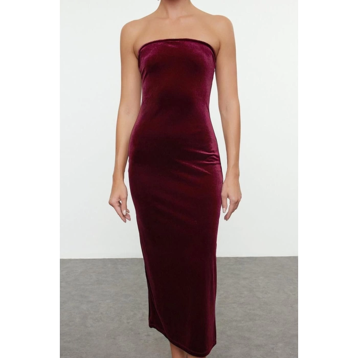 Fashion Style Fitted Strapless Midi Length Velvet Knitted Dress