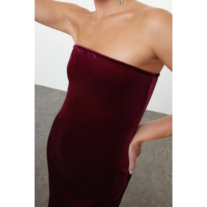 Fashion Style Fitted Strapless Midi Length Velvet Knitted Dress